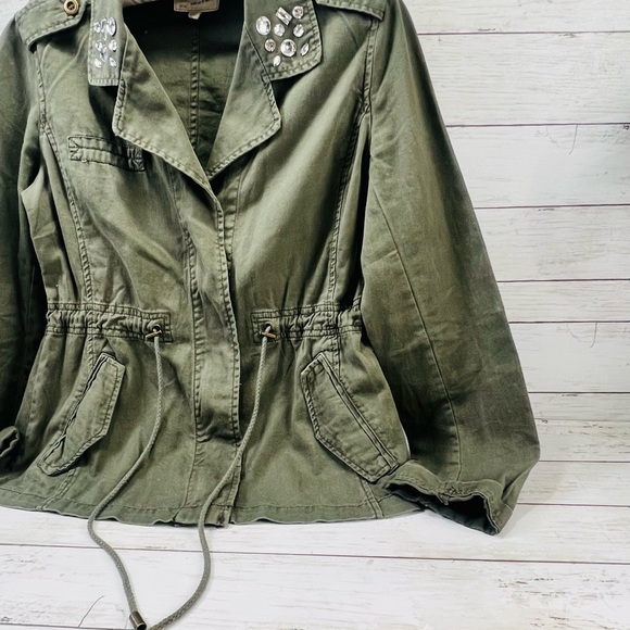 Y2K Dolled Up Jacket Juniors M Olive Green Utility Zip Up Distressed Draw String - Picture 6 of 15